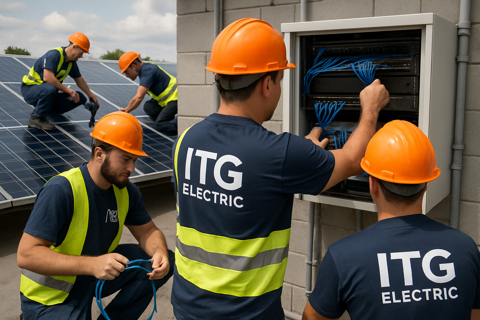 Equipo de ITG Electric instalando soluciones tecnolgicas de red y paneles solares
