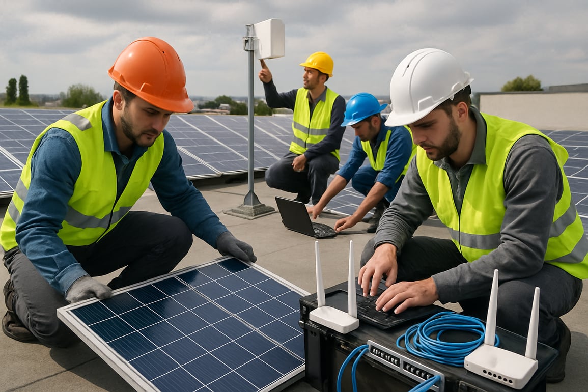 Equipo instalando paneles solares y configurando redes tecnolgicas